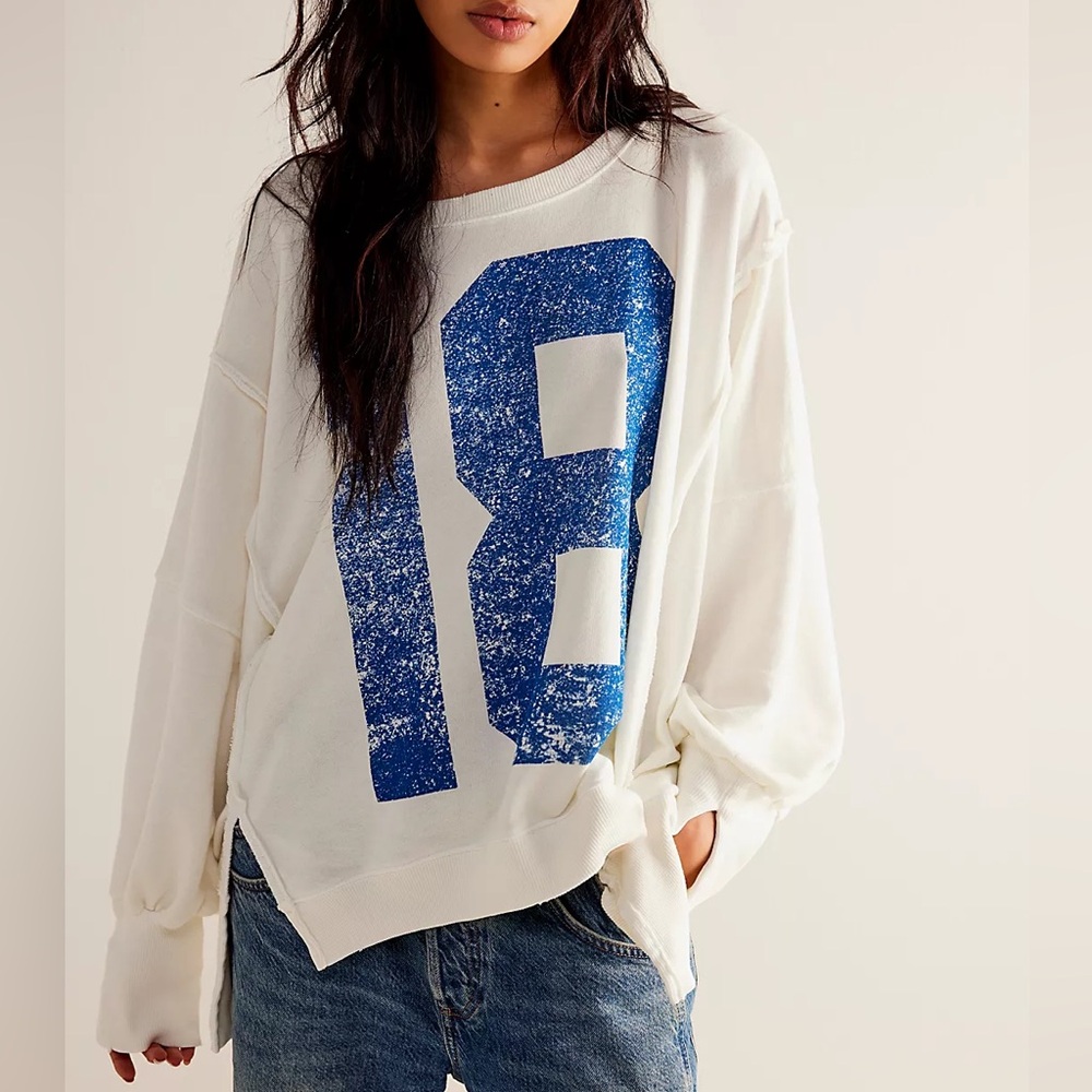 Free People Cream and Blue Graphic Sweatshirt
